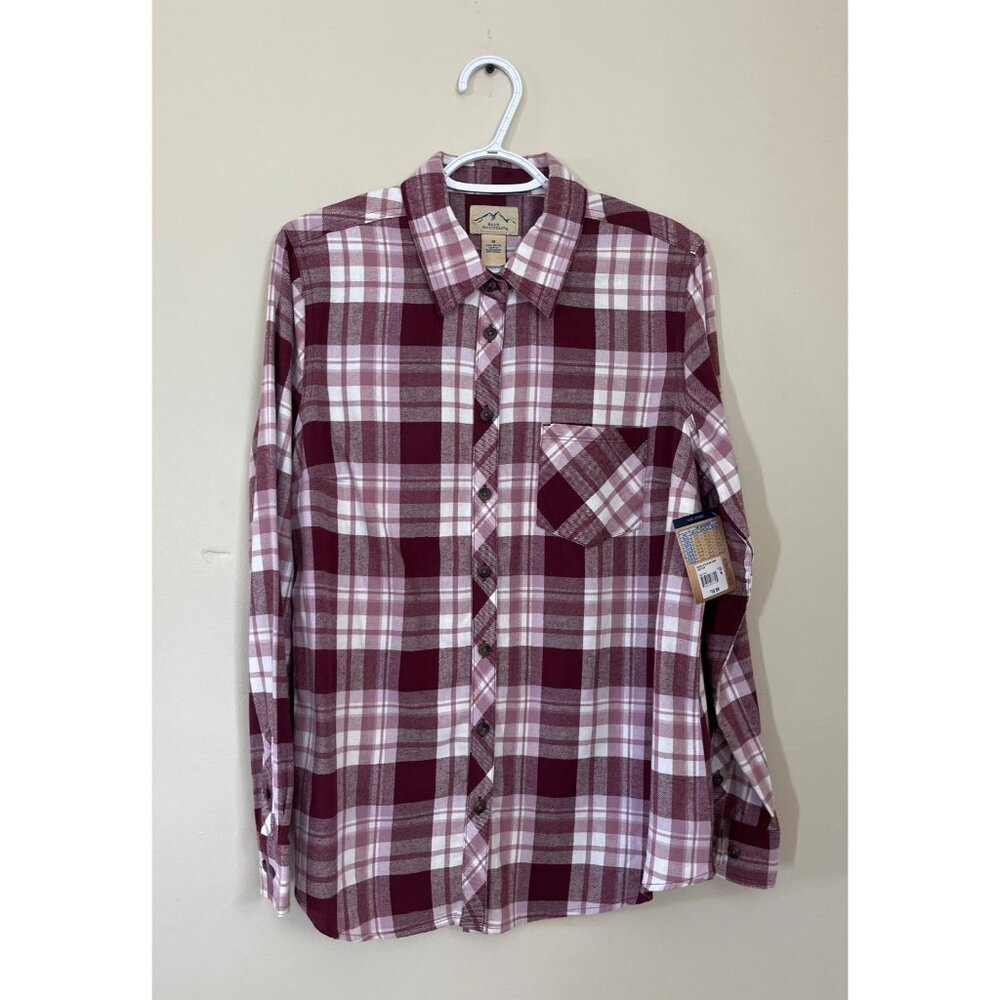 NWT Blue Mountain Womens Medium Burgundy White Plaid Flannel Button Down Shirt